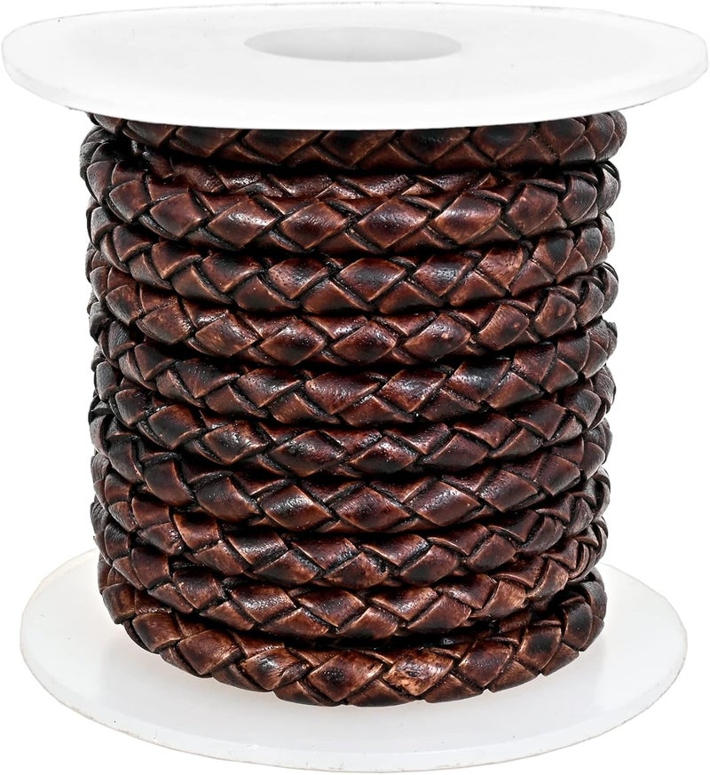 GENIQUE Real/Genuine Round Braided Leather Cord String Rope Folded, Leather Rope for Crafts, Jewelry Making, Necklace, Bracelets (5 Metres) (5mm, Antique Brown Distressed) - Image 2